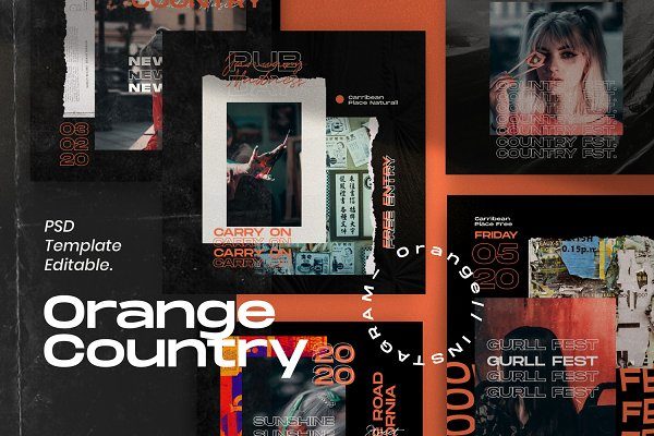 现代潮流撕纸效果品牌推广新媒体海报设计模板 Orange Country – Social Media Pack