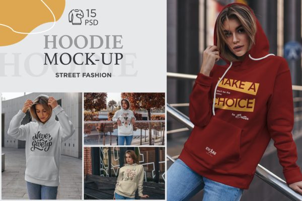 15款女孩连衣帽卫衣印花设计展示样机 Hoodie Mockup Street Fashion