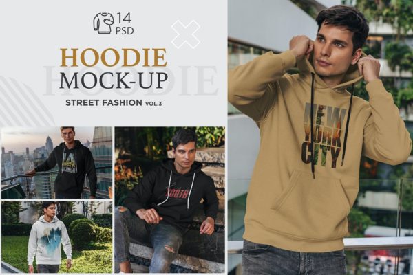 14款时尚男士连衣帽卫衣设计展示样机模板 Hoodie Mockup Street Fashion Vol.3