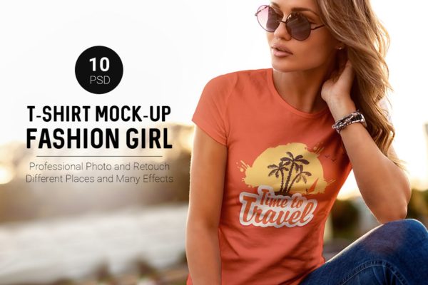 10款女孩半袖T恤衫印花设计展示样机 T-Shirt Mockup Fashion Girl