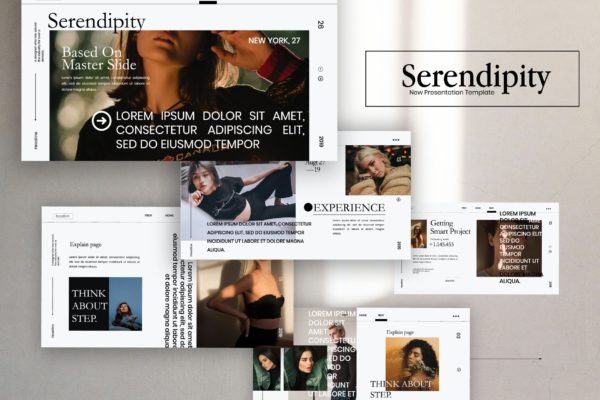 时尚简约服装摄影作品集幻灯片设计模板 Serendipity – Modern Fashion Design Powerpoint