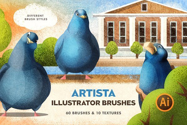 60款粗糙颗粒素描毛笔笔触效果AI笔刷 Artista Brushes For Illustrator