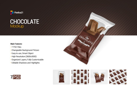 7款不同角度巧克力棒包装袋设计样机 Chocolate Bar Mockup