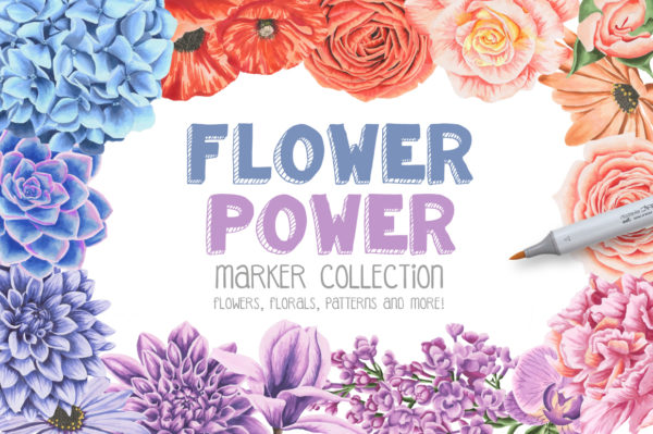 54款高清手绘玫瑰牡丹兰花花卉花圈水彩剪贴画素材 Flower Power Marker Collection