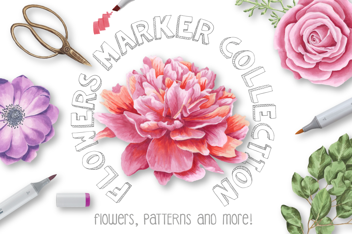 33款高清玫瑰牡丹海葵花卉花圈水彩剪贴画图片素材 Flower Marker Collection插图