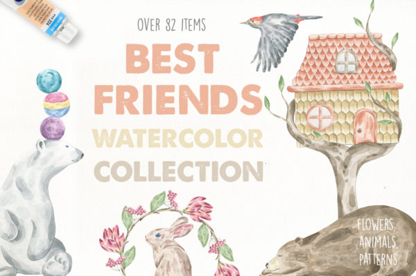 82款高清手绘兔子熊花卉水彩元素PNG图片素材 Best Friends Watercolor Collection