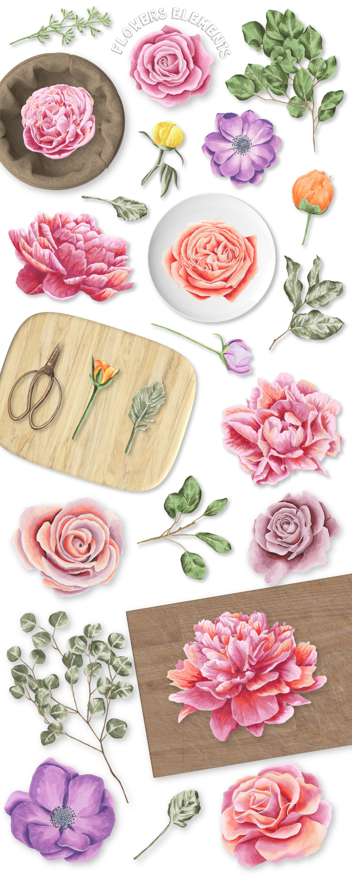33款高清玫瑰牡丹海葵花卉花圈水彩剪贴画图片素材 Flower Marker Collection插图1