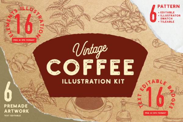 复古老式咖啡品牌LOGO插图元素设计矢量模板 Vintage Coffee Illustration Kit