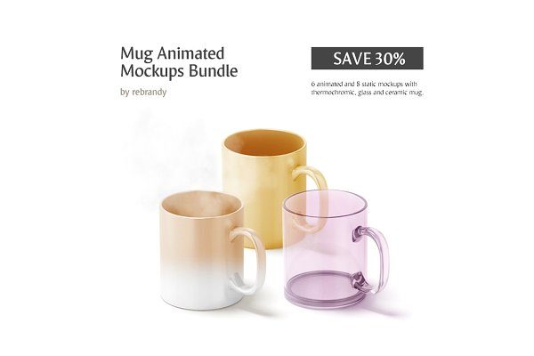 玻璃杯马克杯设计动态展示样机模板套装 Mug Animated Mockups Bundle