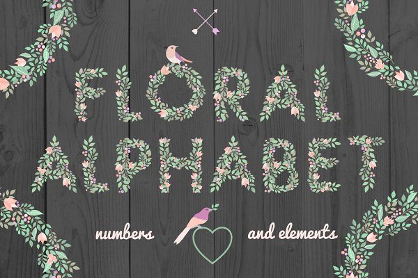 手绘字母数字花卉元素矢量素材 Floral Alphabet And Elements