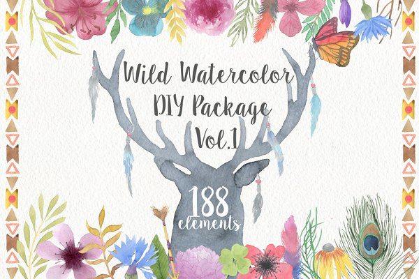 188种高清手绘花卉动物水彩画PNG图片素材 Wild Watercolor DIY