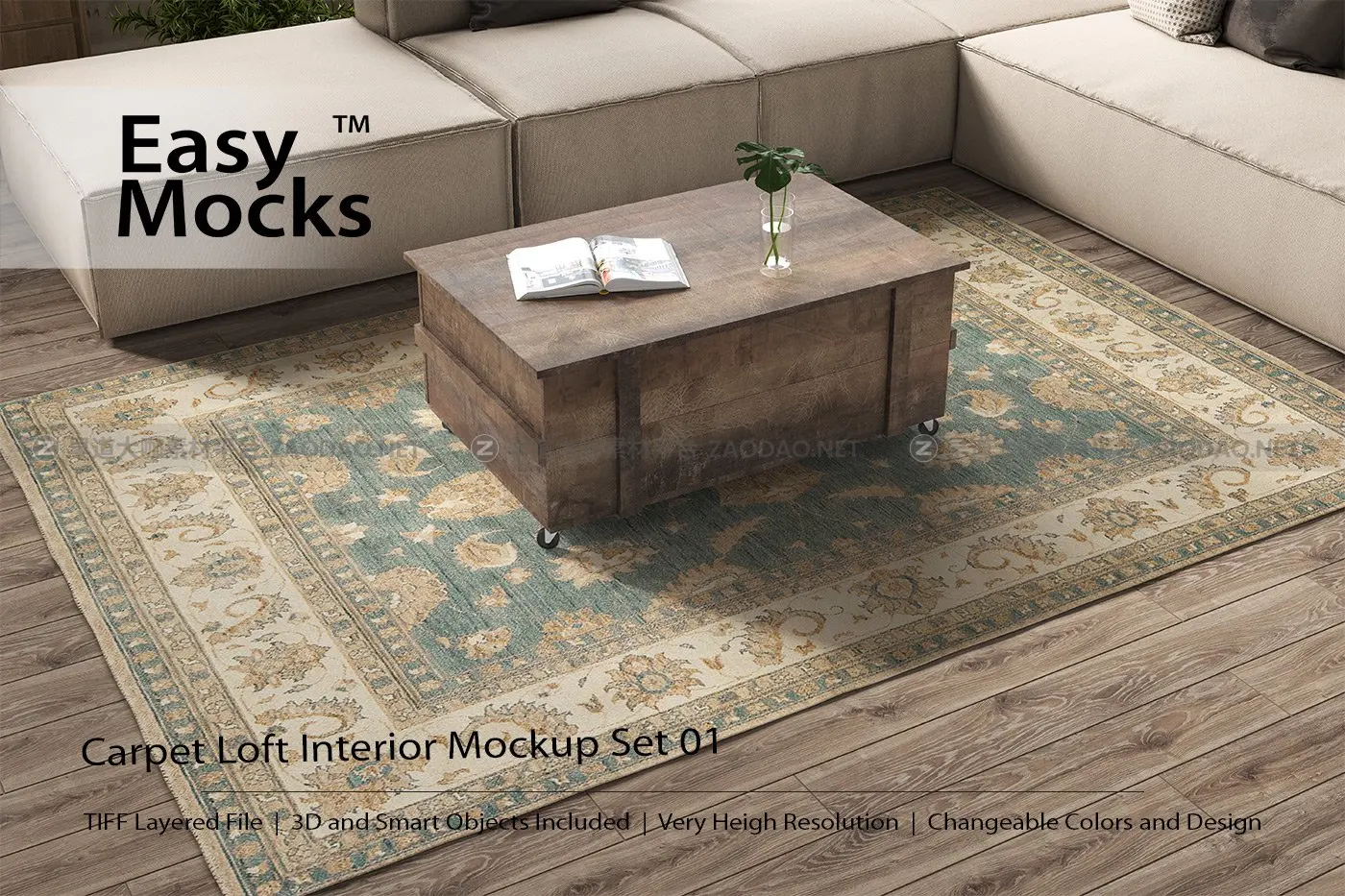 室内地毯印花设计展示样机模板 Carpet Loft Interior Mockup Set 01插图