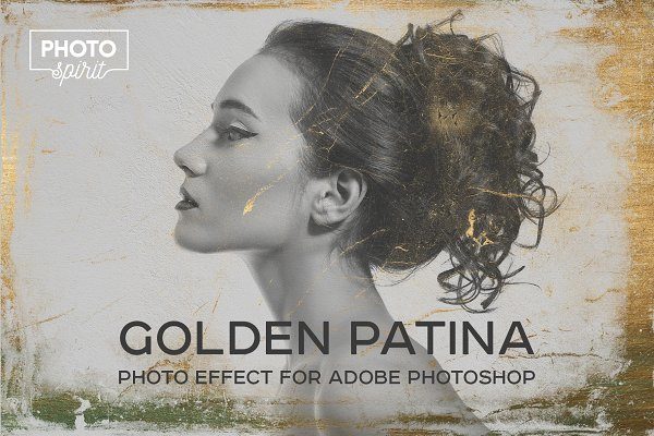 金色光泽铜绿划痕飞溅照片叠加层效果PS素材 Golden Patina Photo Effect