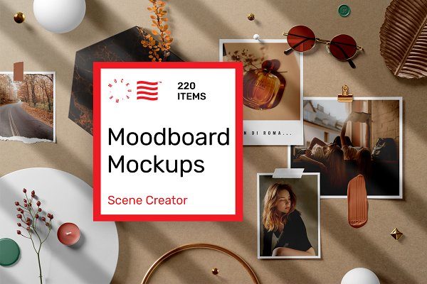 220多个潮流剪贴相片卡片情绪版设计展示样机素材 Moodboard Mockups – Scene Creator