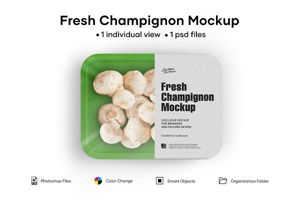 香菇塑料托盘设计展示样机 Plastic Tray With Champignon Mockup