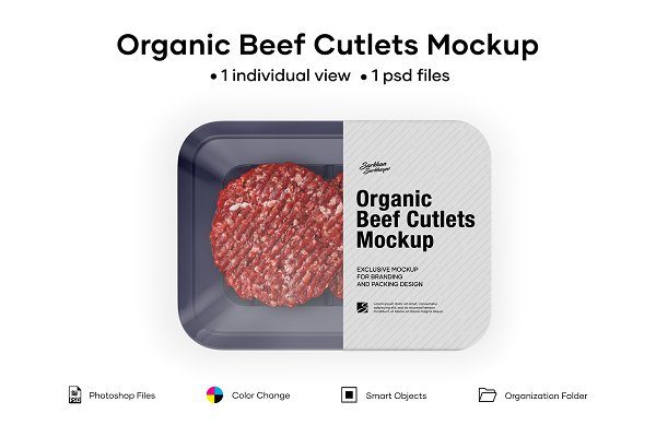 有机牛肉饼托盘设计展示样机 Organic Beef Cutlets Mockup