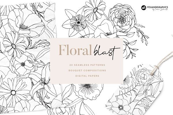 精美手绘花卉花朵无缝隙矢量线稿图案素材 Floral Blast Patterns And Bouquets