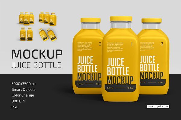 4款果汁玻璃瓶设计展示样机模板合集 Juice Bottle Mockup Set