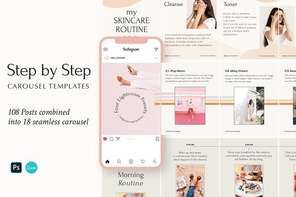 时尚简约品牌推广新媒体海报设计模板 Step by Step – Carousel Templates