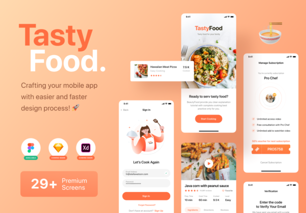 简洁美食烹饪教学食品APP应用设计UI套件 Tasty Food – Cooking Courses App UI Kit