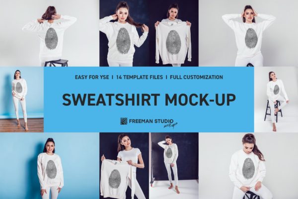 14款女孩圆领长袖运动衫印花设计展示样机模板 Sweatshirt Mockup Set