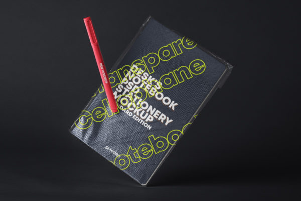 带有塑料袋悬浮笔记本封面设计展示PSD样机 Psd Notebook Transparent Cover Mockup