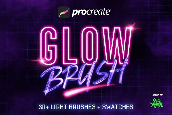 30+发光霓虹灯效果毛笔颗粒网格Procreate笔刷 30+ Procreate Glow Brushes