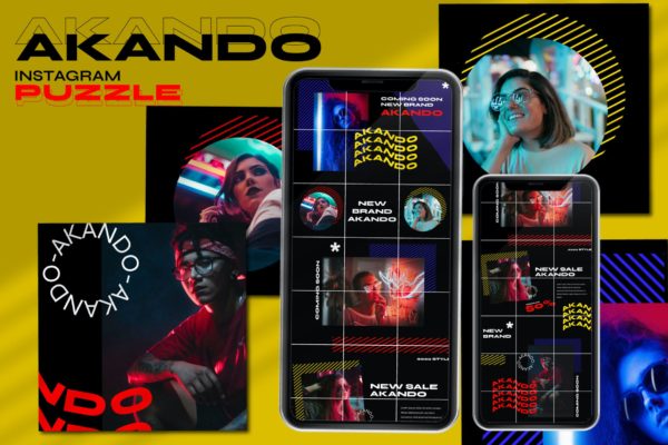 潮流霓虹效果品牌推广新媒体电商海报设计PSD模板 Akando – Puzzle Instagram Template