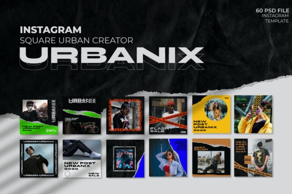 潮流都市风撕纸效果服装品牌推广新媒体电商海报模板 Urbanix – Instagram Post Creator For Coaches