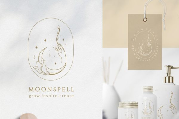 月亮主题品牌标志设计&矢量插画背景包装设计素材 Premade Moon Brand Logo and Packaging Design