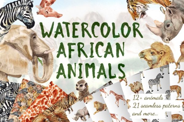 高清手绘非洲野生动物水彩画图片素材 Watercolor African Animals