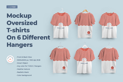 带衣架半袖T恤衫印花设计展示样机模板 2 Mockups Oversized T-shirts On 6 Different Hangers