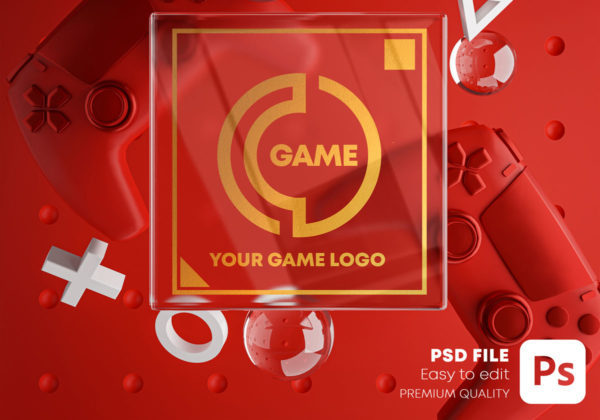 游戏场景玻璃效果徽标展示样机包 Gaming Glass Logo Mockup Gamepad Pack