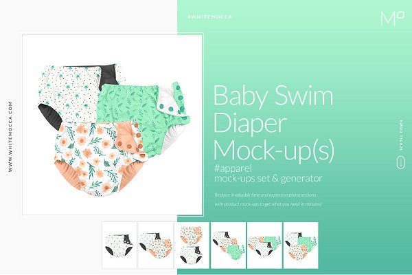 婴儿游泳纸尿裤印花设计展示样机集 Baby Swim Diaper Mockups Set