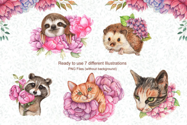 高清手绘花卉和动物水彩画图片集 Watercolor Flowers and Animals Set