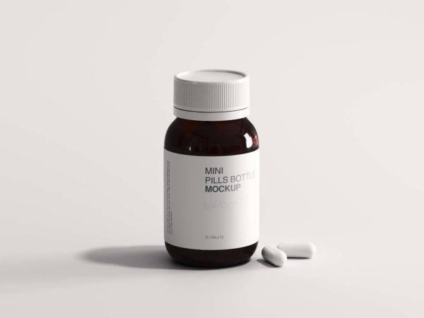 棕色药丸玻璃瓶设计样机 Mini Pills Bottle Mockup