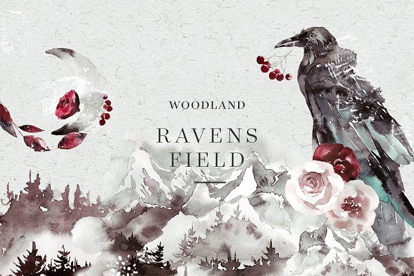 100多款高清手绘花卉植物山脉水彩画PNG透明图片素材 Woodland Ravens Field