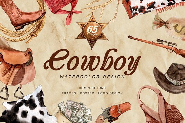 牛仔英雄元素水彩剪贴画PNG免抠图片素材 The Story of Cowboy Hero Watercolors Set