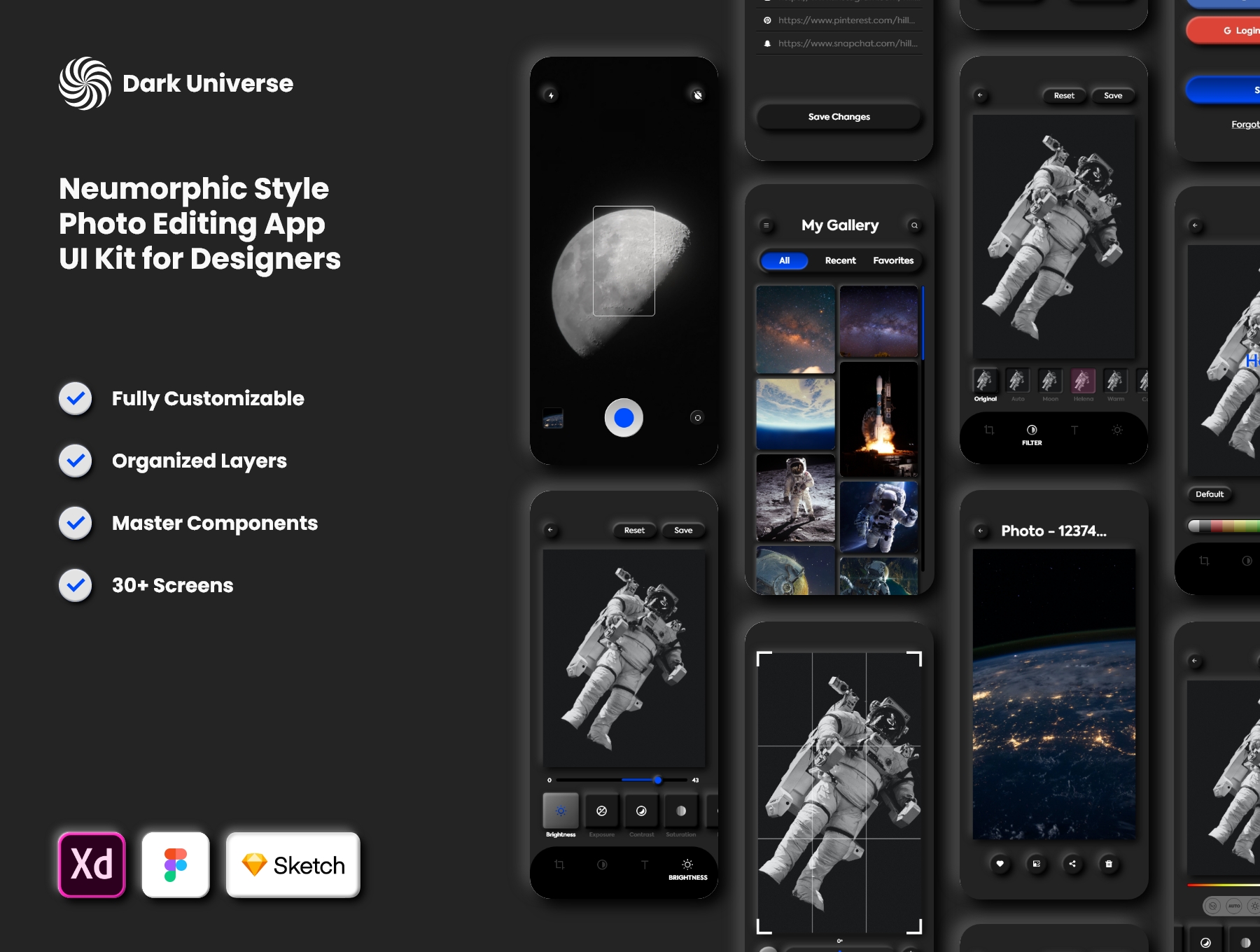 暗黑照片编辑管理社交应用程序APP UI套件 Dark Universe – Photo Editing App Neumorphic UI Kit (Dark Mode)插图 暗黑照片编辑管理社交应用程序APP UI套件 Dark Universe – Photo Editing App Neumorphic UI Kit (Dark Mode)插图