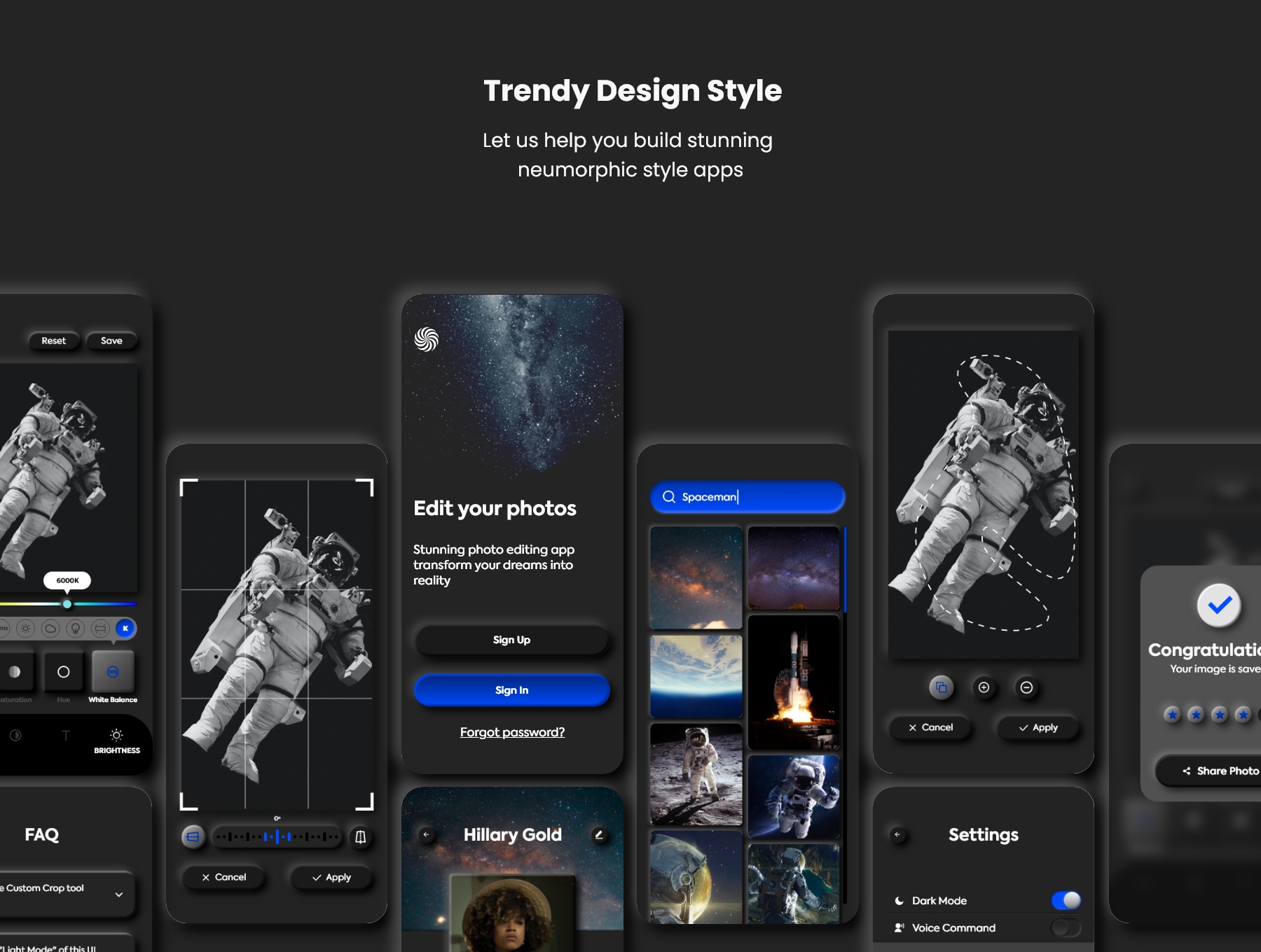 暗黑照片编辑管理社交应用程序APP UI套件 Dark Universe – Photo Editing App Neumorphic UI Kit (Dark Mode)插图(1) 暗黑照片编辑管理社交应用程序APP UI套件 Dark Universe – Photo Editing App Neumorphic UI Kit (Dark Mode)插图(1)
