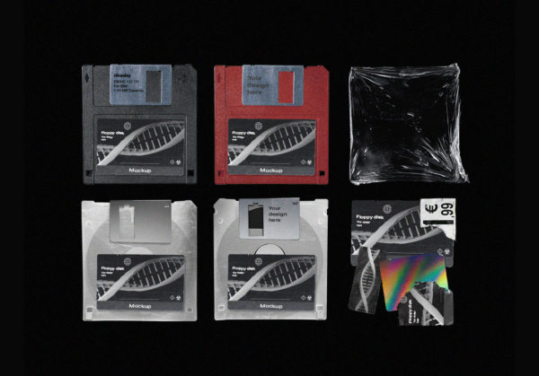 潮流复古软盘塑料膜包装贴纸设计展示样机模板 Floppy Disk Mockup Pack