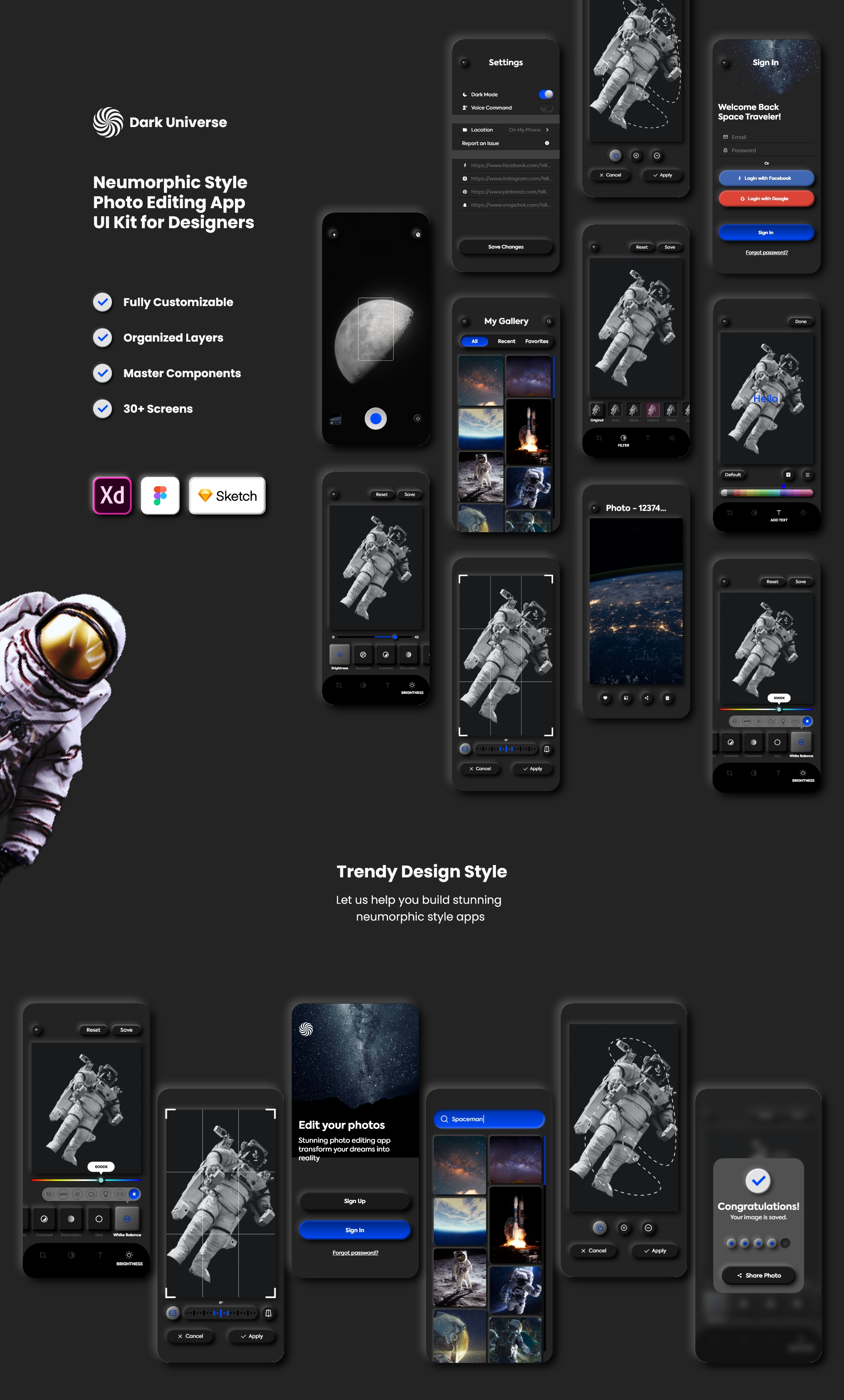 暗黑照片编辑管理社交应用程序APP UI套件 Dark Universe – Photo Editing App Neumorphic UI Kit (Dark Mode)插图(6) 暗黑照片编辑管理社交应用程序APP UI套件 Dark Universe – Photo Editing App Neumorphic UI Kit (Dark Mode)插图(6)