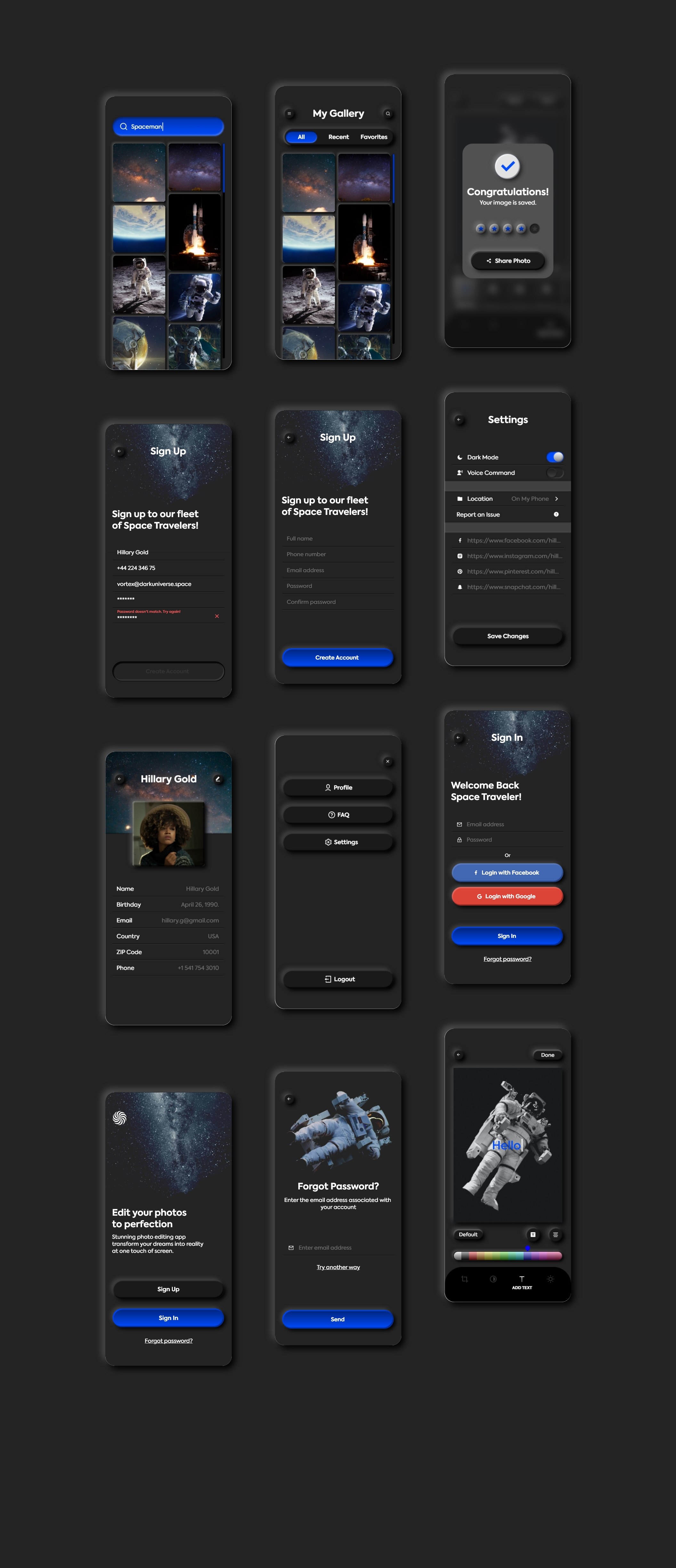暗黑照片编辑管理社交应用程序APP UI套件 Dark Universe – Photo Editing App Neumorphic UI Kit (Dark Mode)插图(8) 暗黑照片编辑管理社交应用程序APP UI套件 Dark Universe – Photo Editing App Neumorphic UI Kit (Dark Mode)插图(8)