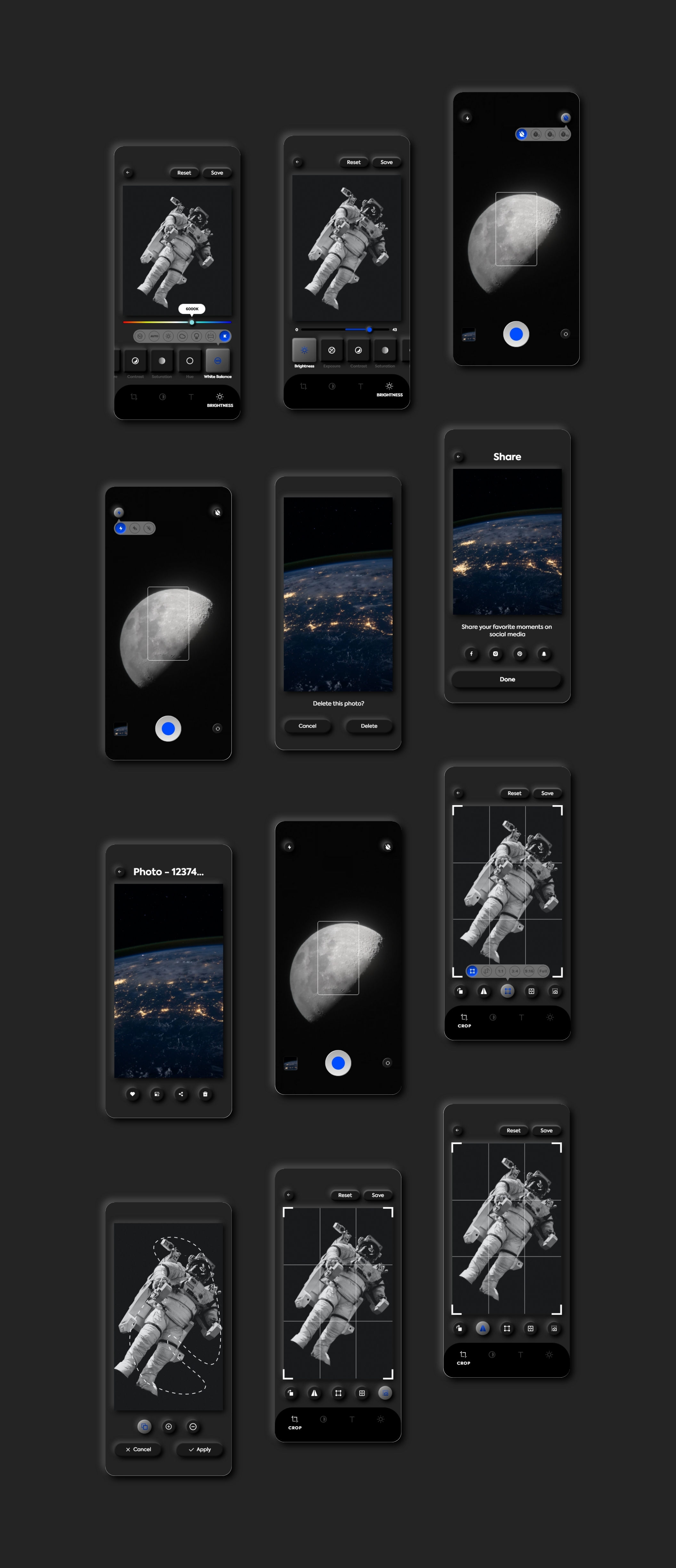 暗黑照片编辑管理社交应用程序APP UI套件 Dark Universe – Photo Editing App Neumorphic UI Kit (Dark Mode)插图(9) 暗黑照片编辑管理社交应用程序APP UI套件 Dark Universe – Photo Editing App Neumorphic UI Kit (Dark Mode)插图(9)