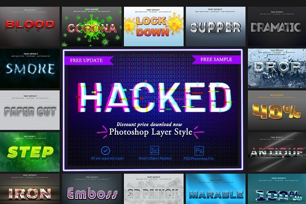 30款故障金属3D立体标题字体设计PS样式模板素材 Photoshop Layer Style Bundle
