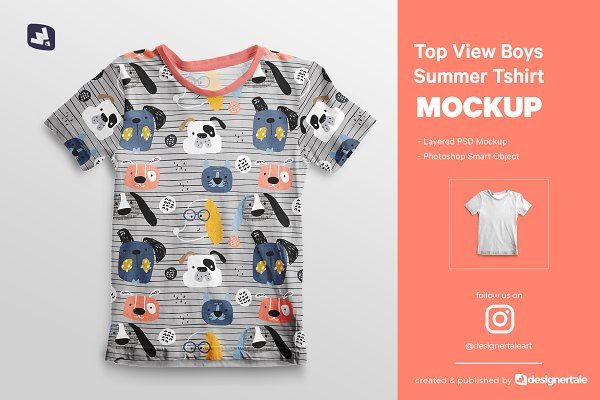 顶视图男孩夏季半袖T恤衫样机模板 Top view Boy’s Summer Tshirt Mockup