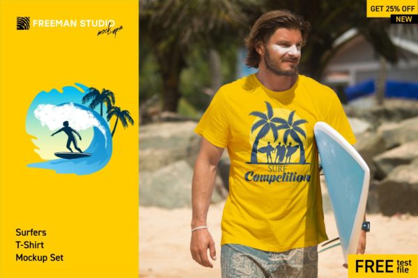 20款冲浪场景男士半袖T恤印花图案设计展示样机合集 Surfers T-Shirt Mockup Set
