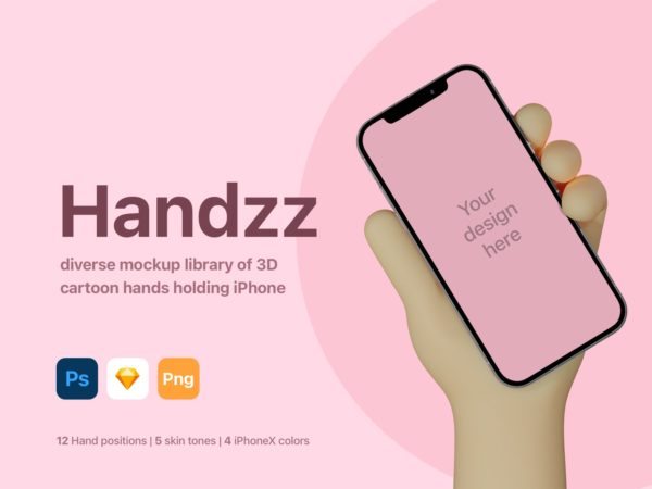 有趣3D卡通手持苹果手机iPhone屏幕演示样机模板 Handzz – 3D Hands Mockup