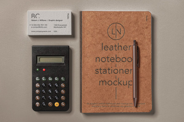 带有名片皮革笔记本封面设计PSD样机 Leather Cover Psd Notebook Mockup Set