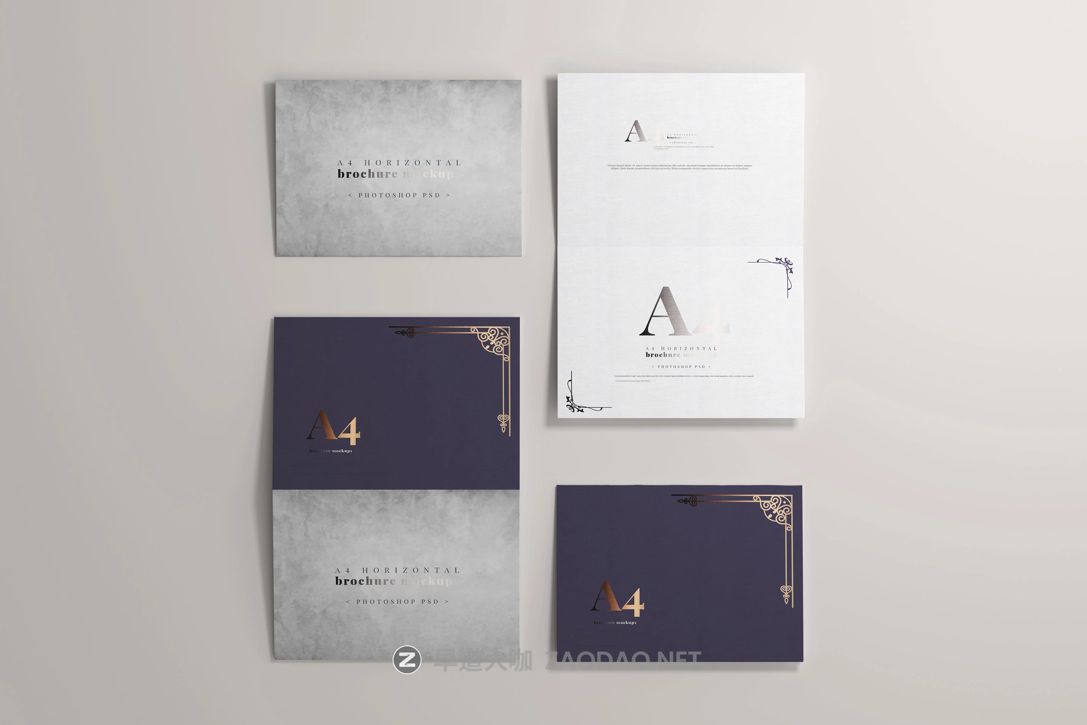 8款烫印效果A4横向两折页小册子设计展示贴图PSD样机模板 A4 Bi-Fold Horizontal Mockups插图 8款烫印效果A4横向两折页小册子设计展示贴图PSD样机模板 A4 Bi-Fold Horizontal Mockups插图